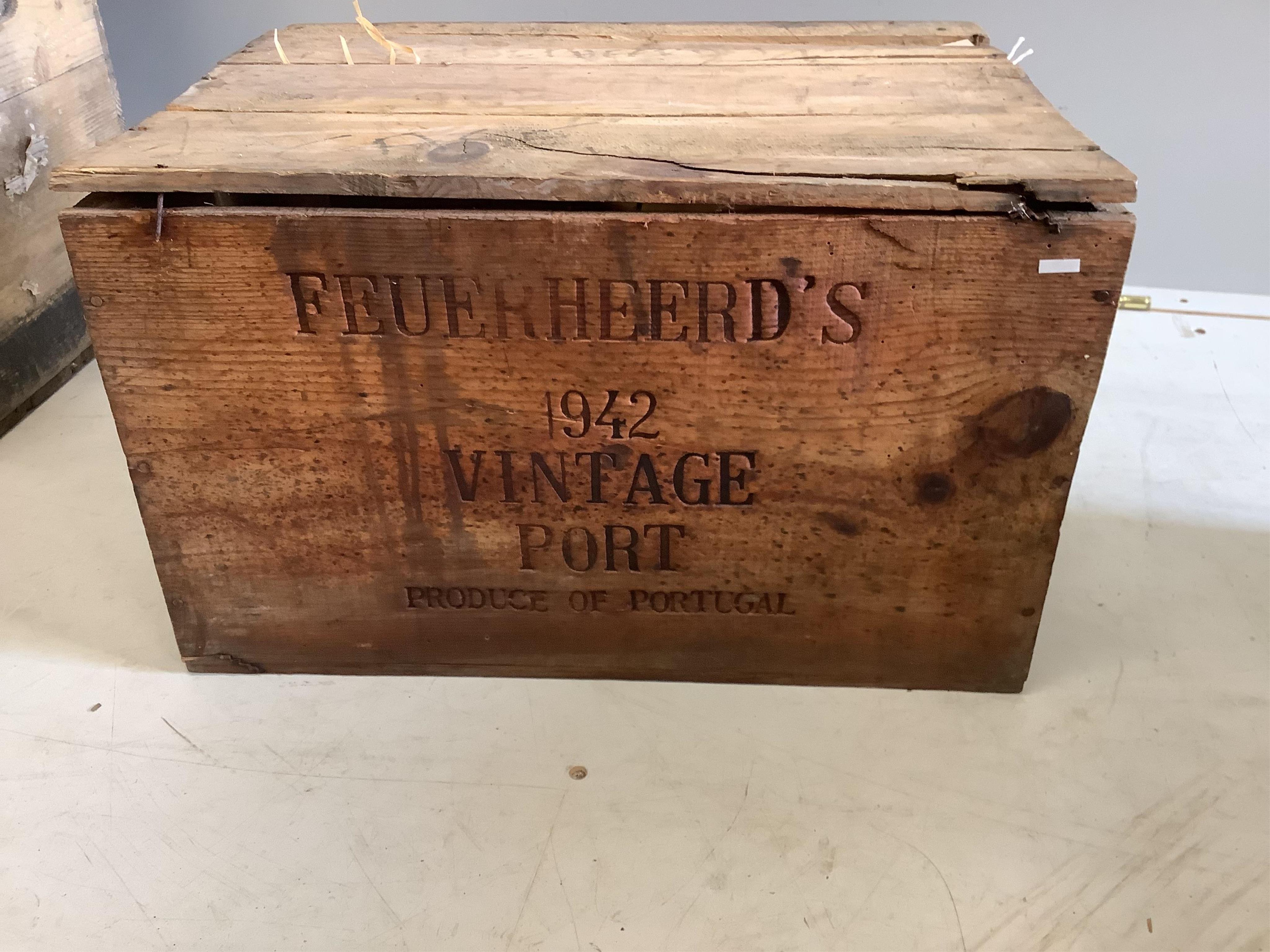 Seven vintage port, whisky and fruit crates, largest width 43cm, height 27cm. Condition - poor